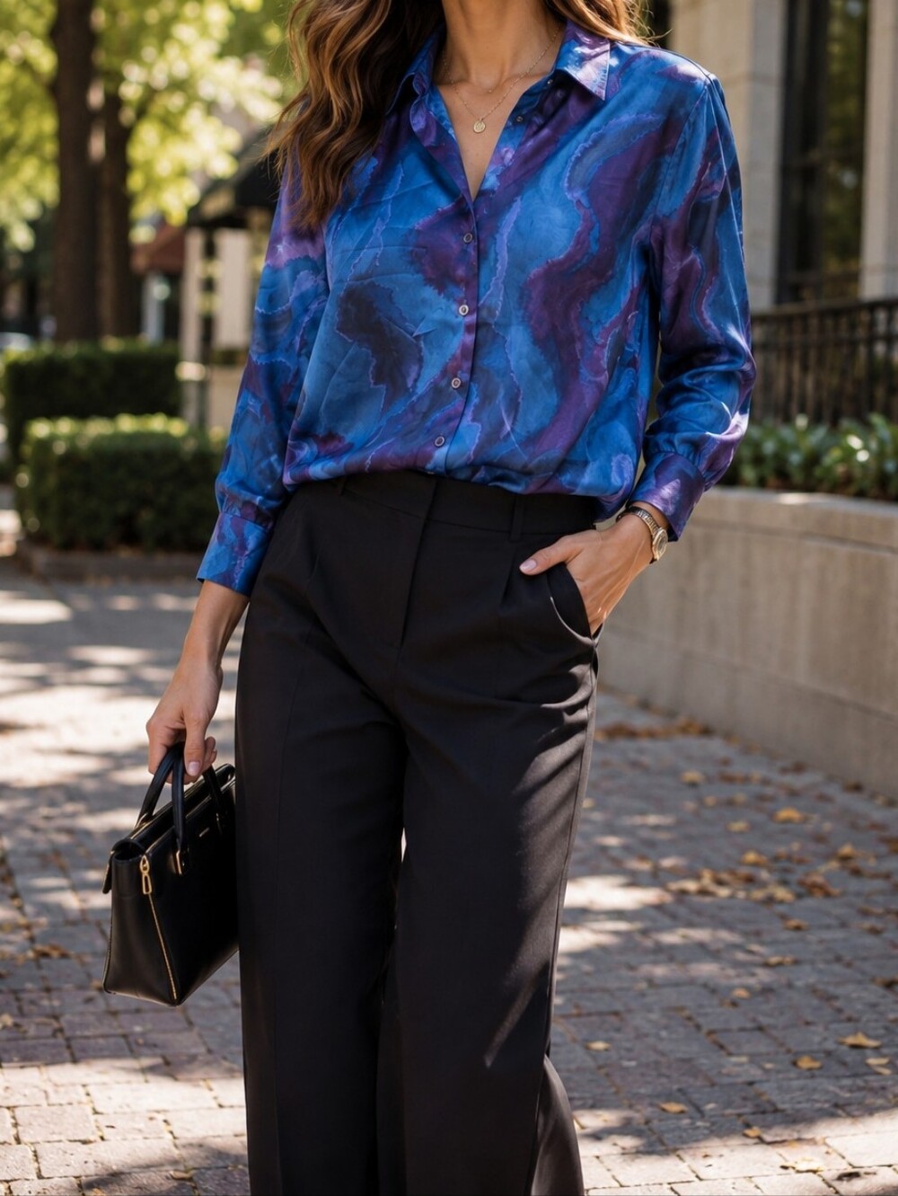 Bailey 44 Blue Purple Abstract Satin Button-Up Blouse Long Sleeve Casual Y2K